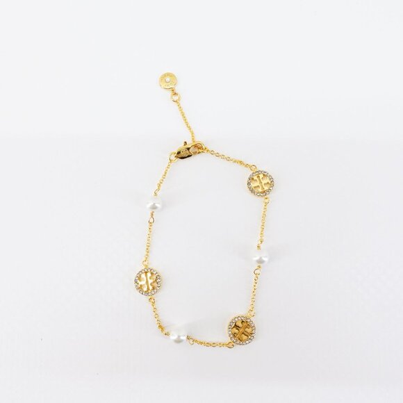 Tory Burch Crystal Logo & Imitation Pearl Station Bracelet Ivory/Tory Gold OS - Picture 16 of 16